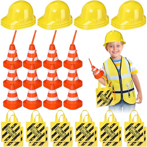 Hillban 36 Pcs Construction Birthday Party Supplies Set Kids Construction Dress up Kit Including 12 Hat, 12 Tote Bag and 12 Traffic Cone Cups for Construction Birthday Dress up Party Decorations