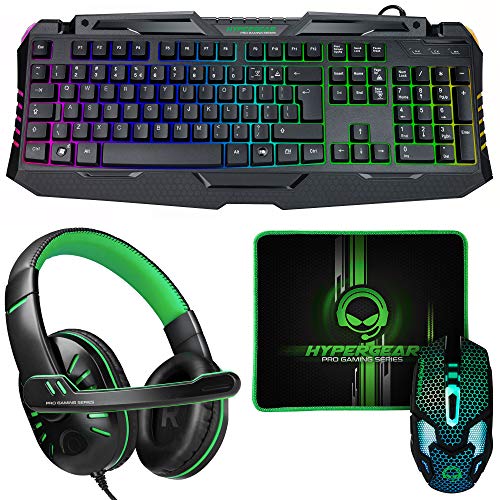 HyperGear 4-in-1 Gaming Kit [Full-sized RGB Backlit Keyboard + Ergonomic 6-Button Backlit Scroll-Wheel Mouse + stereo Headphones With Mic + Mousepad]