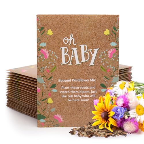 BENTLEY SEED CO. Oh Baby Flower Seeds Packets - Girl/Boy Baby Shower Favors - Pre-Filled, 25 Wildflower Seed Packs for Favor - Eco-Friendly Gift & Babys Guest Giveaways - Non-GMO Seeds - Brown Envelop