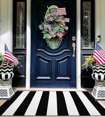 EARTHALL Black and White Striped Rug 27.5 x 43 Inches Cotton Hand-Woven Reversible Foldable Washable Black and White Outdoor Rug Stripe for Layered Door Mats Porch/Front Door Black Rug