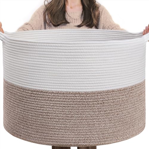 INDRESSME XXXLarge Cotton Rope Basket 21.7' x 21.7' x 13.8' Woven Baby Laundry Blanket Basket Toy Basket with Handle Storage Comforter Cushions Thread Laundry Hamper