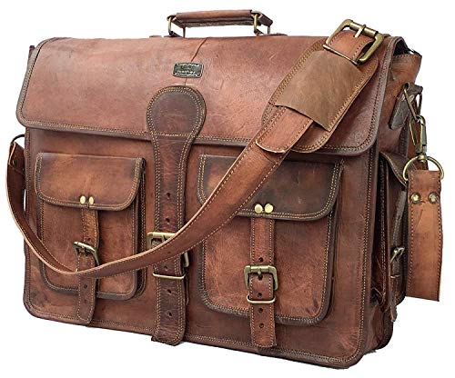 Leather Briefcase Work Bag for Men Women Vintage Brown Crossbody Genuine Leather Satchel Office Bag for Men Women 18 Inch Computer Travel Messenger Laptop Shoulder Bag Cureo