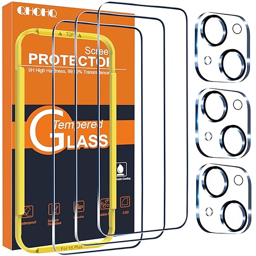 QHOHQ 3 Pack Screen Protector for iPhone 15 Plus [6.7 Inch] with 3 Pack Camera Lens Protector, Tempered Glass Film, HD Clear, 9H Hardness, No Bubbles, Case Friendly