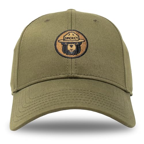 Ripple Junction Smokey Bear Men's Mascot Curved Bill Dad Hat Embroidered Bear Emblem Dark Green
