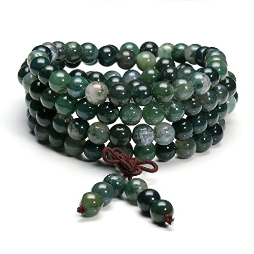Jovivi 108 Mala Beads Bracelet 8mm Natural Green Moss Agate Gemstone Healing Crystal Stone Beaded Bracelet Hand Knotted Prayer Mala Beads Necklace for Yoga Meditation Balance