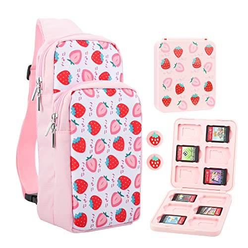 FUNDIARY Travel Bag for Nintendo Switch, OLED & Lite Carrying Case, Portable Shoulder Bag Set for Switch, Crossbody Backpack Accessories Bundle with Game Case and 2 Thumb Caps - Pink Strawberry