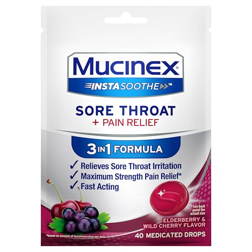 Mucinex Instasoothe Sore Throat Relief, Sore Throat Lozenges, Sore Throat Medicine with Hexylresorcinol, Cough Drops Alternative, 40 Elderberry & Wild Cherry Medicated Numbing Throat Drops