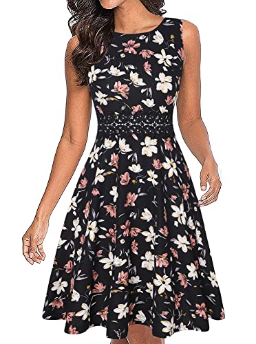 OWIN Women's Vintage Floral Lace Flared A-Line Swing Casual Party Cocktail Dresses Sleeveless Black Flower