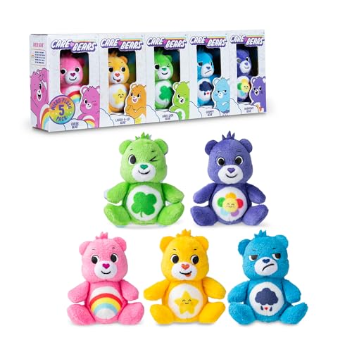 Care Bears 3' Micro Plush 5-Pack Treasure Box - Cheer, Laugh A-Lot, Good Luck, Grumpy and Harmony Bear — Miniature Plush Figure, Suffed Animal, Toy Mini Soft Figure for Kids, Girls and Boys Ages 4+