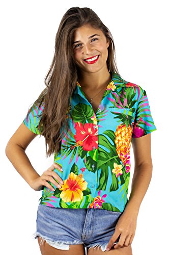 KING KAMEHA Funky Hawaiian Blouse Shirt, Shortsleeve, Pineapple, Turquoise, L