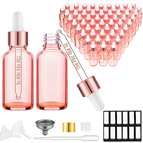 PrettyCare 2 oz Tincture Bottles with Dropper (63 Pack Rose Glass Eye Dropper Bottle 60 ml with Measured Pipettes, Golden Caps, Labels, Funnels & Plastic Pipettes) for Essential Oils