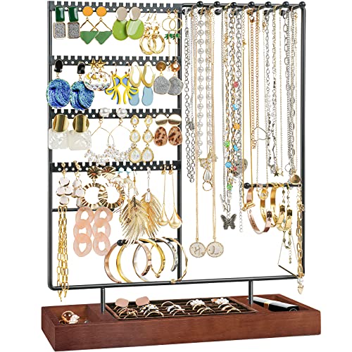 ProCase Jewelry Organizer Stand Earring Holder Organizer Mothers Day Gift, 6 Tiers Earring Organizer Tree Necklace Rack Jewellery Tower Bracelets Holder Storage with Removable Wooden Ring Tray -Black