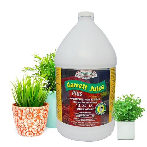 Medina Garrett Juice Plus - Natural Organic Foliar Solution & Plant Growth Enhancer | Soil Drench for Patio Lawn Garden Outdoor | Nitrogen Boosts | Liquid Plant Food Fertilizer Concentrate - 1 Gal