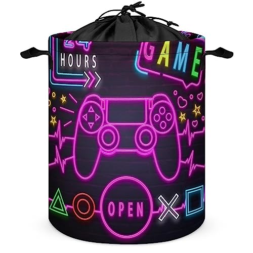 Boys Gamepad Freestanding Waterproof Laundry Basket Abstract Neon Design Gamer Video Gamepad Buttons for Dorm Bathroom Bedroom Clothing Clothes Toys One Size