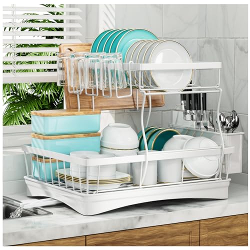 7 code Large Dish Drying Rack, 2-Tier Dish Racks for Kitchen Counter, Detachable Large Capacity Dish Drainer Organizer with Utensil Holder, Dish Drying Rack with Drain Board, White