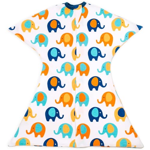 SleepingBaby Zipadee-Zip Baby Sleep Sack 4-8 Month - Transition Swaddle with Zipper Convenience - Blue & Orange Elephant, S