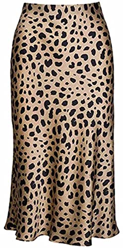 Leopard Skirt for Women Midi Length High Waist Silk Satin Elasticized Cheetah Skirts S