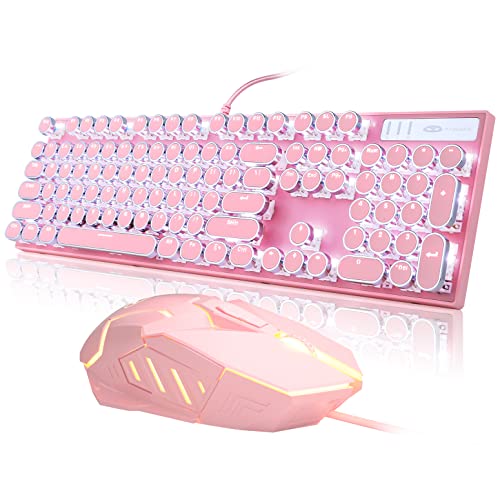 Retro Pink Typewriter-Style Keyboard and Mouse Combo, Cute Light Up Wired Mechanical Keyboard With Linear Red Switches, Full Size for Gaming, Work, Mac, PC, Windows