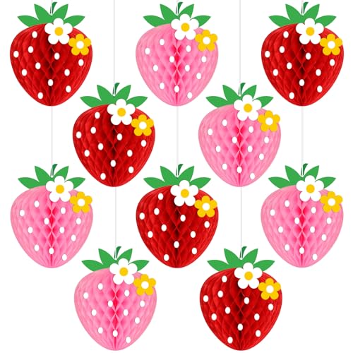 10 Pcs Strawberry Honeycomb Balls Strawberry Birthday Party Decorations Fruit Theme Table Centerpieces Tissue Paper Honeycomb Hanging Decors Strawberry Party Supplies for Baby Shower