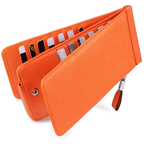Huztencor Women's Credit Card Holder RFID Blocking Leather Multi Card Organizer Wallet Slim Long Zipper Bi-fold Business Card Case Clutch Wallet with ID Window Orange (FBA)