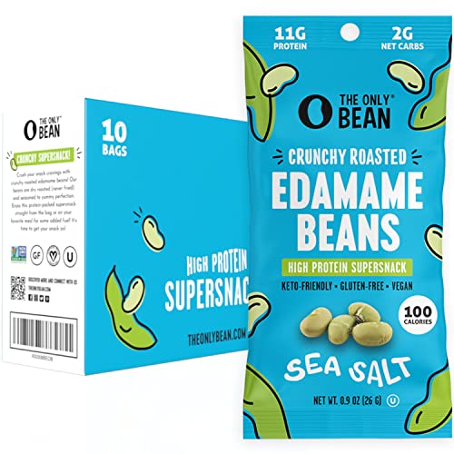 The Only Bean Crunchy Dry Roasted Edamame Snacks (Sea Salt), Keto Snack Food, High Protein (11g) Healthy Snacks, Low Carb Gluten Free Office Vegan Food 100 Calorie Snack Pack, 0.9oz 10 Pack