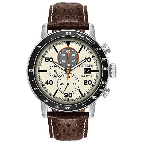 Citizen Men's Eco-Drive Weekender Brycen Chronograph Watch in Stainless Steel, Brown Leather strap, Ivory Dial (Model: CA0649-06X)