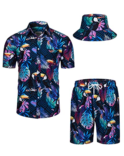 TUNEVUSE Mens Hawaiian Shirts and Shorts Set 2 Pieces Tropical Outfits Bird Printed Button Down Beach Shirt Suit with Bucket Hats Navy Large