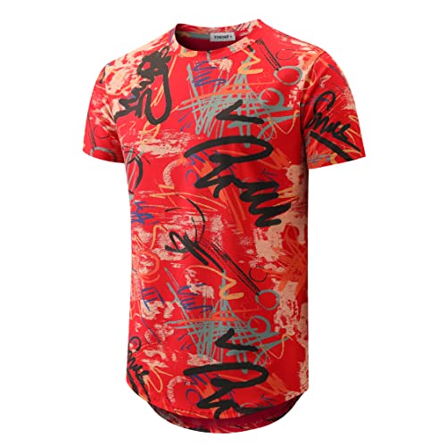 YININF Mens Hipster Hip Hop All Over Graphic Longline T-Shirt(210 Deep Red M)