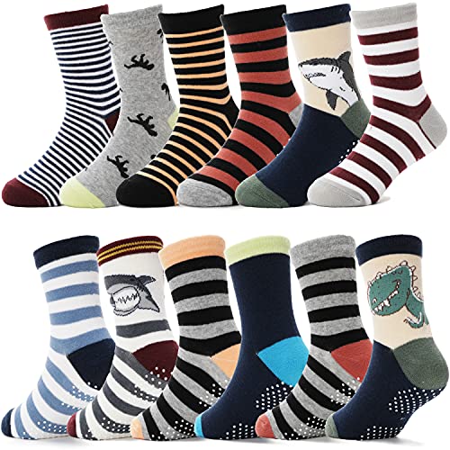 ANTSANG Baby Boys Grips Socks Kids Toddlers Infants Gifts Non Slip/Anti Skid Crew Cotton Socks 12 Pairs Gifts for Boys Kids Stocking Stuffers (Brown Striped(12 Pairs),3-5 Y)