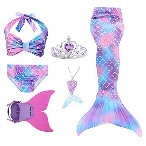 Rainbow Swimmable Mermaid Tail Bikini Sets Monofin Swimware Girls Kids Cospaly Gift (Violet DH48, 6)