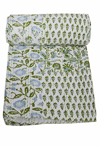 SOMUKARA Patchwork Print Kantha Quilt Indian Block Handmade Cotton Blanket Kantha Bedding Throw Quilt Twin/Queen Size Patchwork Bedspread Bohemian Gudari (Twin 90 x 60 Inch, Green)