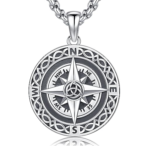 DRINSPER Compass Necklace for Men Women Sterling Silver Celtic Compass Pendant Birthday Gifts for Her Him Celtic Knot Jewelry Christmas Gift for Boys