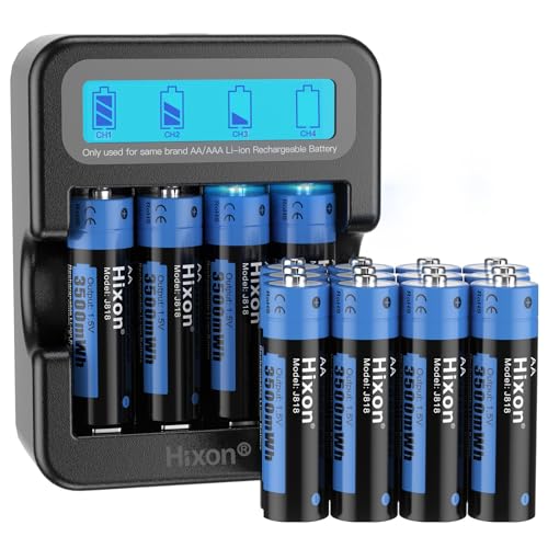 Rechargeable Batteries AA with LCD Charger,Hixon 16x3500mWh AA Rechargeable Lithium Batteries,Constant 1.5V Output,1600Cycles,Fits for Blink Camera VR/Xbox Gaming Controller.