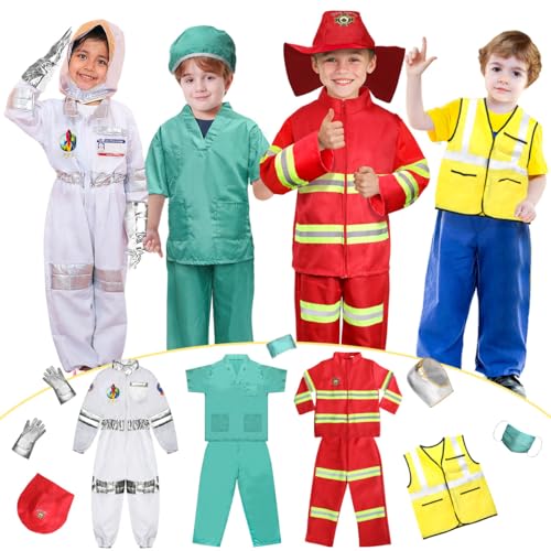 LOYO Kids Role Play Dress Up Clothes for 3-8 Years Old Play, 4 Sets Astronaut/fireman/Doctor/Construction Costume for Kids Boys Halloween Costumes