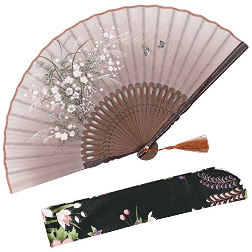 OMyTea 'Grassflowers 8.27'(21cm) Hand Held Folding Fans - With a Fabric Sleeve for Protection for Gifts - Chinese/Japanese Vintage Retro Style (Brown)