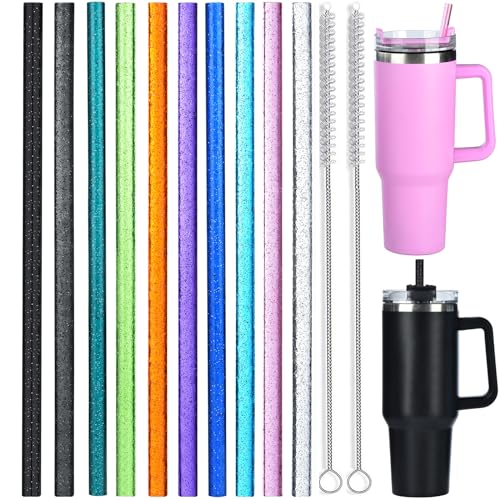 ALINK 10 Pack Color Replacement Straws for Stanley 40 oz 30 oz Tumbler, 12 in Long Reusable Plastic Glitter Straws for Stanley Cup Accessories, Half Gallon Jug, Plus 2 Cleaning Brush