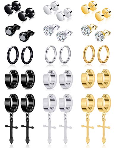 Ofeiyaa 15 Pairs Stainless Steel Cross Dangle Hinged Earrings Hoop Huggie Earrings CZ Stud Earrings Set for Men Women Ear Piercing Jewelry Silver Black Gold Tone