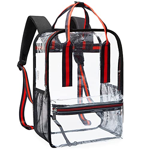 mommore Heavy Duty Clear Backpack Durable See Through Bookbags for Work (Red Black, Large)