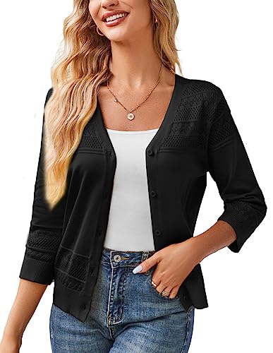 GRACE KARIN Women's Cropped Cardigan 3/4 Sleeve Lightweight Crochet Shrug Hollowed-Out Knit Sweater Tops Black XL