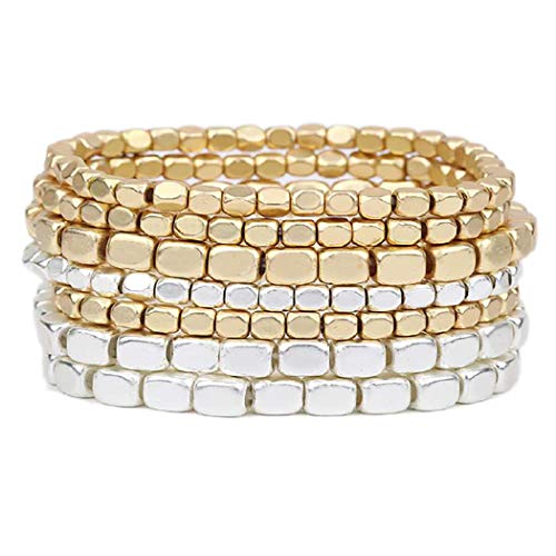 Rosemarie Collections Women's Two Tone Chunky Nugget Stacking Statement Stretch Bracelet Set of 7 (Matte Two Toned Gold Silver)