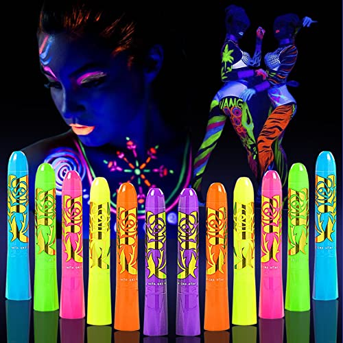 12 Pcs Glow in The Dark Face Body Paint, UV Black Light Glow Makeup Kit for Kids Adult, Non-Toxic Fluorescent Face Paints Crayons for Birthday Party Halloween Masquerade Makeup