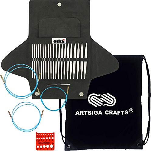 addi Click Turbo Basic 5-Inch Interchangeable Circular Knitting Needle Set Sizes US 4, 5, 6, 7, 8, 9, 10, 11, 13 and 15 with 3 Blue Cords, Black Canvas Case Bundled with 1 Artsiga Crafts Project Bag