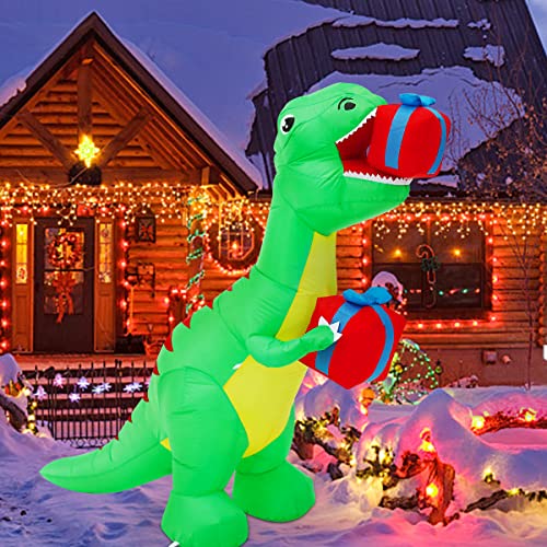 Hacosoon 5FT Christmas Inflatable Dinosaur Indoor/Outdoor Inflatable Decoration Built-in LED Lights Christmas Green Dinosaur Handheld Gift Box Party Garden Yard Holiday (5FT Green Trex)