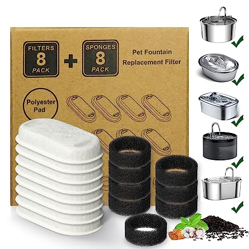 Cat Water Fountain Filters,16 Pack Cat Fountain Replacement Filters for Stainless Steel 67oz/2L Adjustable Water Flow Pet Water Fountain,Dog Water Fountain (8+8 Pack)