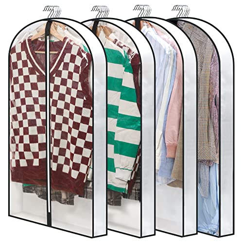 Clear Garment Bags for Hanging Clothes W/ 4' Gussetes, 4 PCs Garment Bags, Hanging Clothes Storage, Suit Bags for Closet Storage and Travel - 24'' x 40''/4 Pack