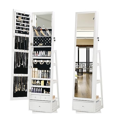 MASMIRE Rotatable Full Length Mirror Jewelry Cabinet Standing With Built-In Mirror - 63.7”H Jewelry Armoire With Mirror Drawers, Lockable Storage Mirror With 3 Storage Racks White