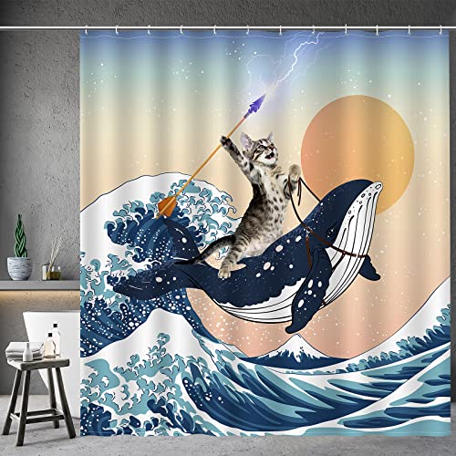 Aimego Funny Shower Curtain Brave Cat Holding Trident Arrow Riding Shark in Ocean Wave, Whale Cat Shower Curtain Set with 12 Hooks for Bathroom Decor Accessories Bathtub Curtain, 72'x72'