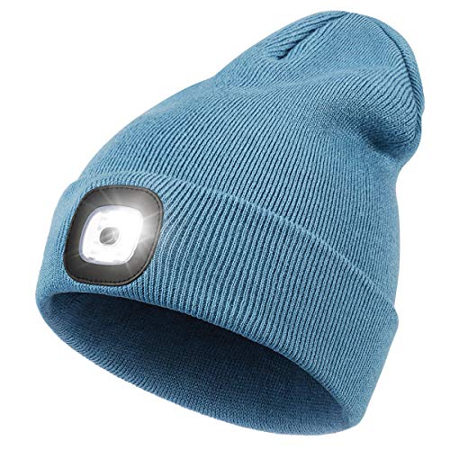 LED Beanie with Light,Unisex USB Rechargeable Hands Free 4 LED Headlamp Cap Winter Knitted Night Lighted Hat Flashlight Women Men Gifts for Dad Him Husband Blue