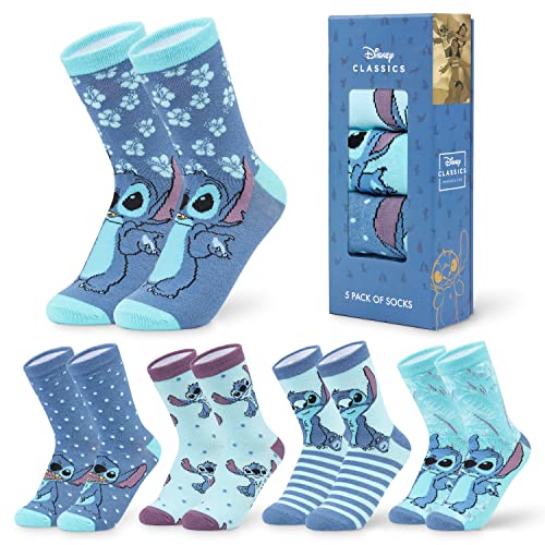 Disney Women’s Crew Socks, Calf-Length Crew Socks For Women, Cotton-Rich Socks, Cute Socks for Women and Teens, Blue Stitch, One Size, Pack of 5