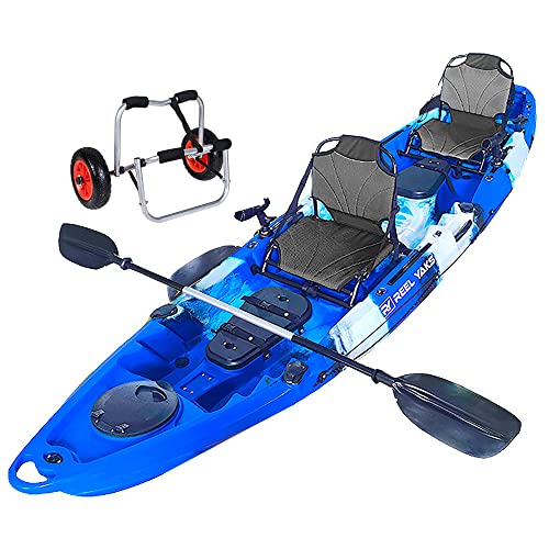 Tandem Fishing Angler Kayak | 2 or 3 Person | 12.5’ sit on top | 550lbs Capacity w/Kayak Trolley| Ocean Lakes Rivers | Adult Youths Kids Family | Pesca canoas caiaques caña pescar kyak cayac Personas